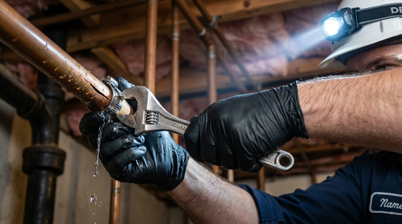 Emergency pipe clamp repair being performed by a Johns Plumbing LLC plumber in Globe