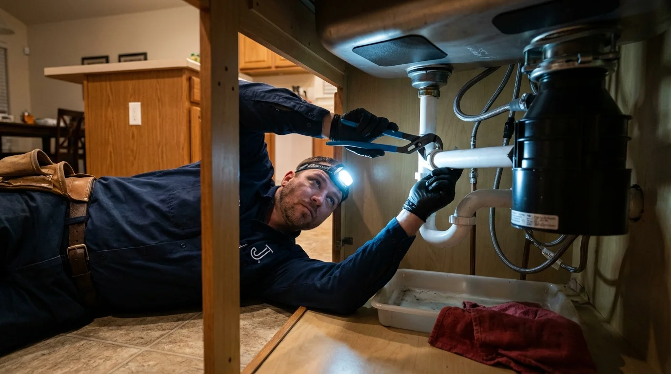 P-trap and supply line connections under a kitchen sink showing a common leak point in Globe, AZ